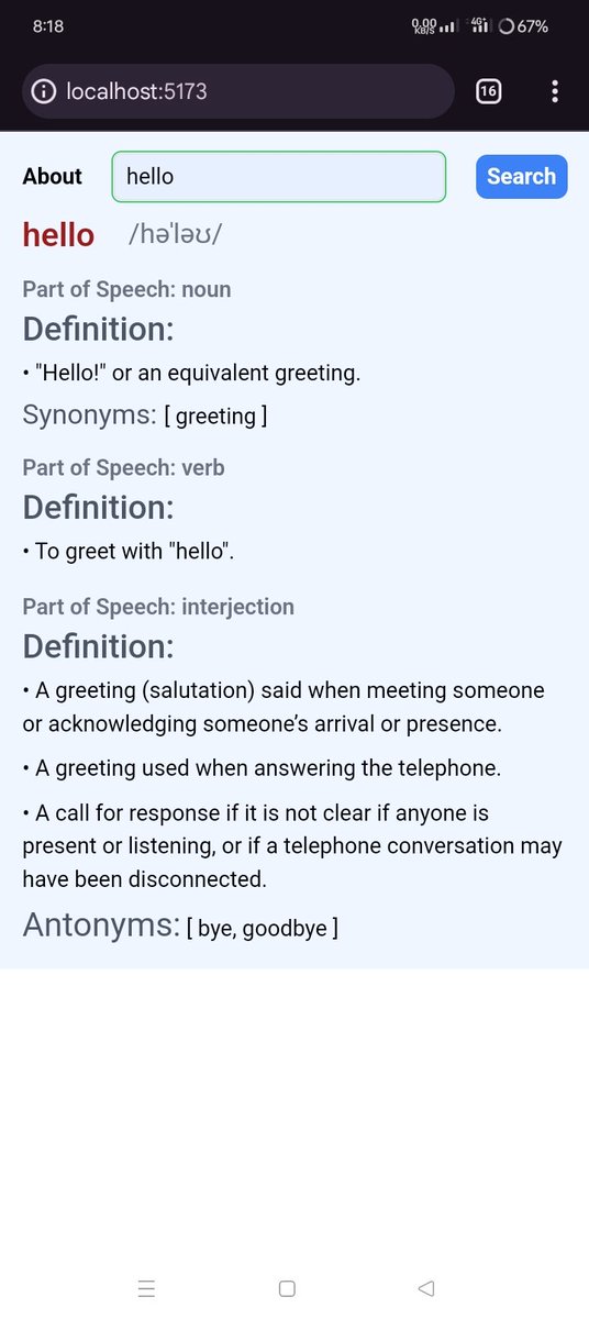 MdIsmail5851415's tweet photo. ๐ Just launched my Dictionary App!
๐ Instantly find word meanings, synonyms, antonyms, and phonetics.
๐ Pronunciation feature upgrade coming soon!
๐ป Built with React & Tailwind CSS.
Check it out!๐ https://t.co/nOGbxEaRVC
#ReactJS #WebDevelopment #JavaScript #DictionaryApp https://t.co/LLXLjvIZrP