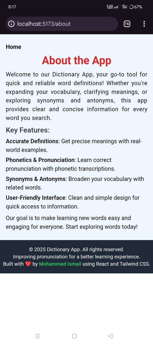 MdIsmail5851415's tweet photo. ๐ Just launched my Dictionary App!
๐ Instantly find word meanings, synonyms, antonyms, and phonetics.
๐ Pronunciation feature upgrade coming soon!
๐ป Built with React & Tailwind CSS.
Check it out!๐ https://t.co/nOGbxEaRVC
#ReactJS #WebDevelopment #JavaScript #DictionaryApp https://t.co/LLXLjvIZrP