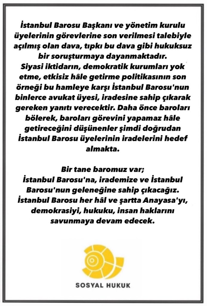 sosyalhukuk's tweet photo. Bir tane baromuz var; İstanbul Barosu'na, irademize ve İstanbul Barosu'nun geleneğine sahip çıkacağız. İstanbul Barosu her hâl ve şartta Anayasa'yı, demokrasiyi, hukuku, insan haklarını savunmaya devam edecek. https://t.co/lBLh0QWPM7