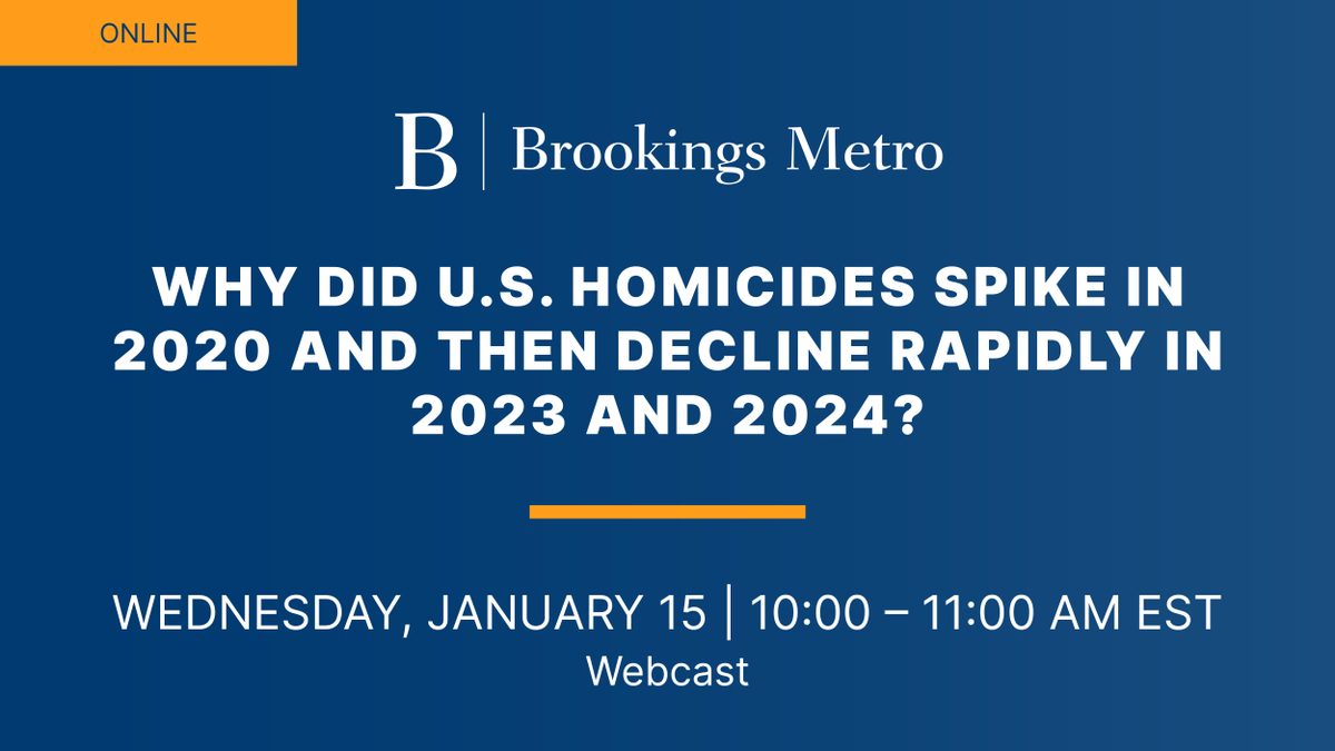 BrookingsMetro's tweet photo. Tune in now to hear @rhettmorris and @RoAcharya from @BrookingsMetro share findings on the surge and subsequent decline in the U.S. homicide rate that is linked to unemployment and school closures. Register here: https://t.co/tpvOHiBUmt https://t.co/wA4mETiYYr