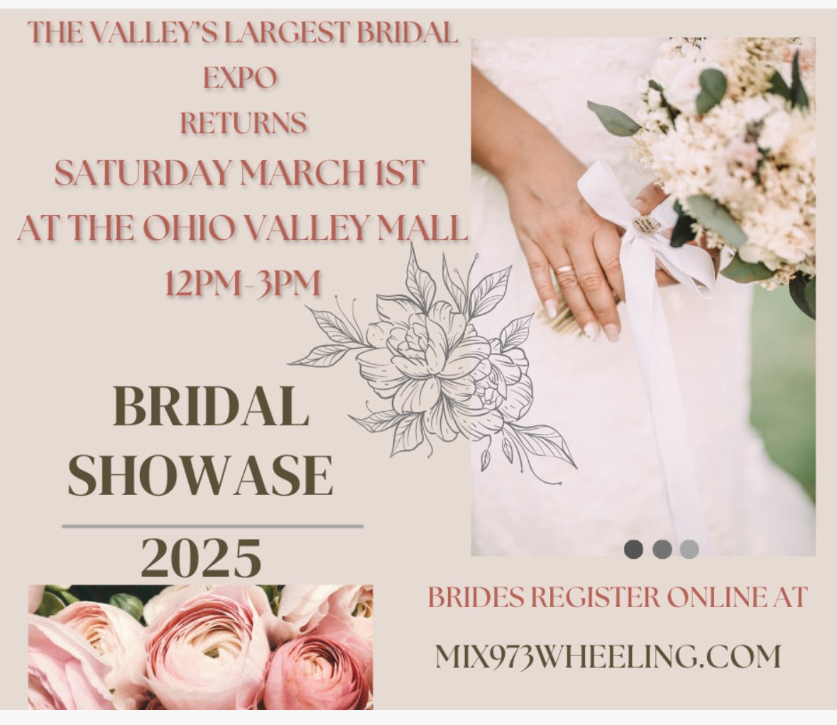 Brides to be? Come out to the Ohio Valley’s largest Bridal Showcase! You can register online <a href="/mix973wheeling/">Mix 97.3</a>!