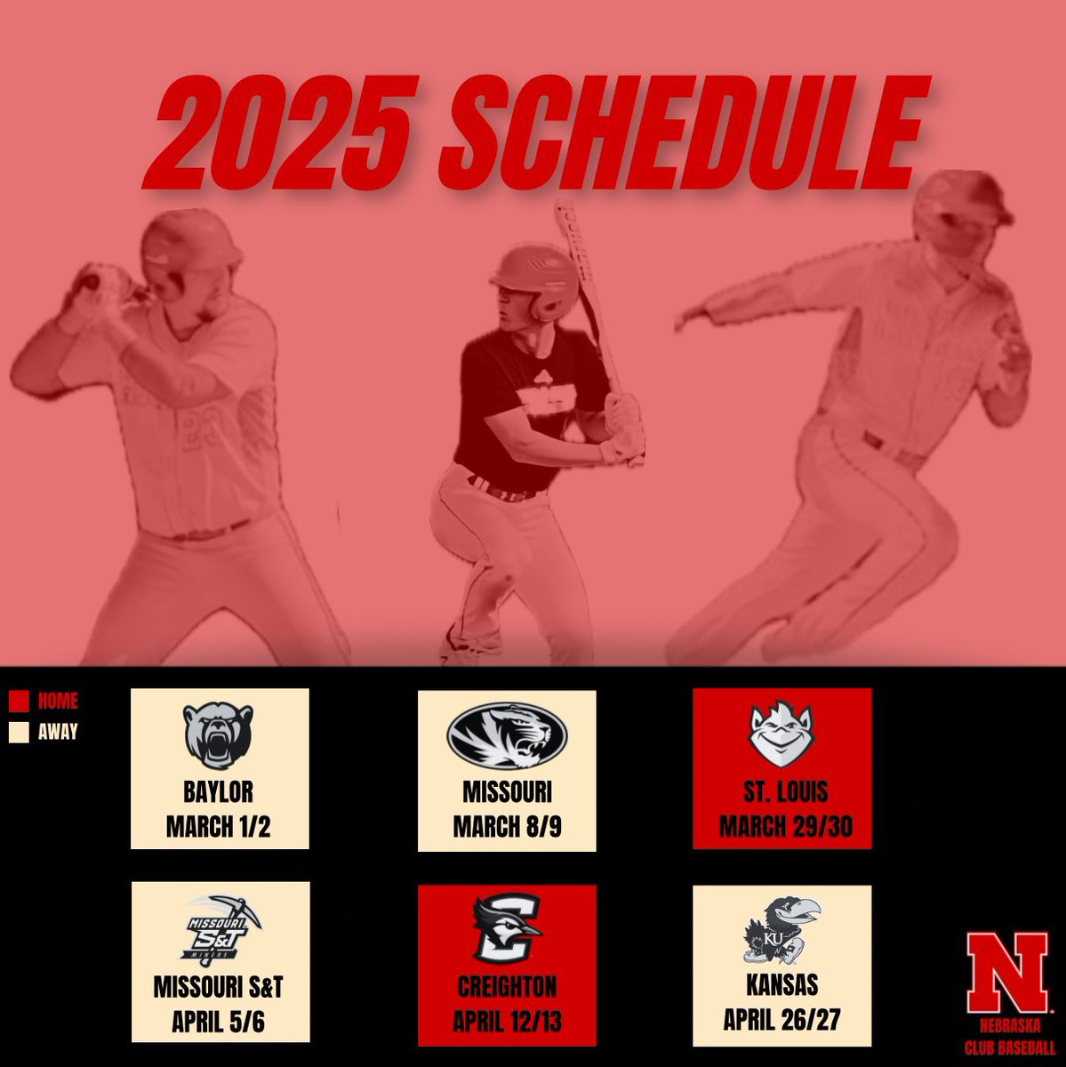 UNLClubBaseball's tweet photo. Introducing our upcoming Spring 2025 schedule!!! Mark your calendars to watch your Huskers in action. As always, GBR🌽 https://t.co/YQyALCHGnS