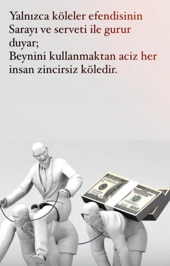 NurullahSO21's tweet photo. “Yalnızca köleler efendisinin Sarayı ve serveti ile gurur duyar;
Beynini kullanmaktan aciz her insan zincirsiz köledir.” https://t.co/BtQuoi93TH