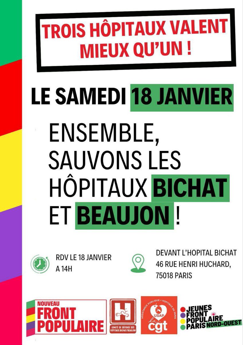 Sauvons l'hôpital public !

La santé fait partie des priorités des Français·es. Préférons les hôpitaux de proximité privilégiant la qualité des soins et le travail des soignant·es. 

🪧RDV samedi 18 janvier, 14h devant #Bichat avec les organisations du Nouveau Front Populaire !