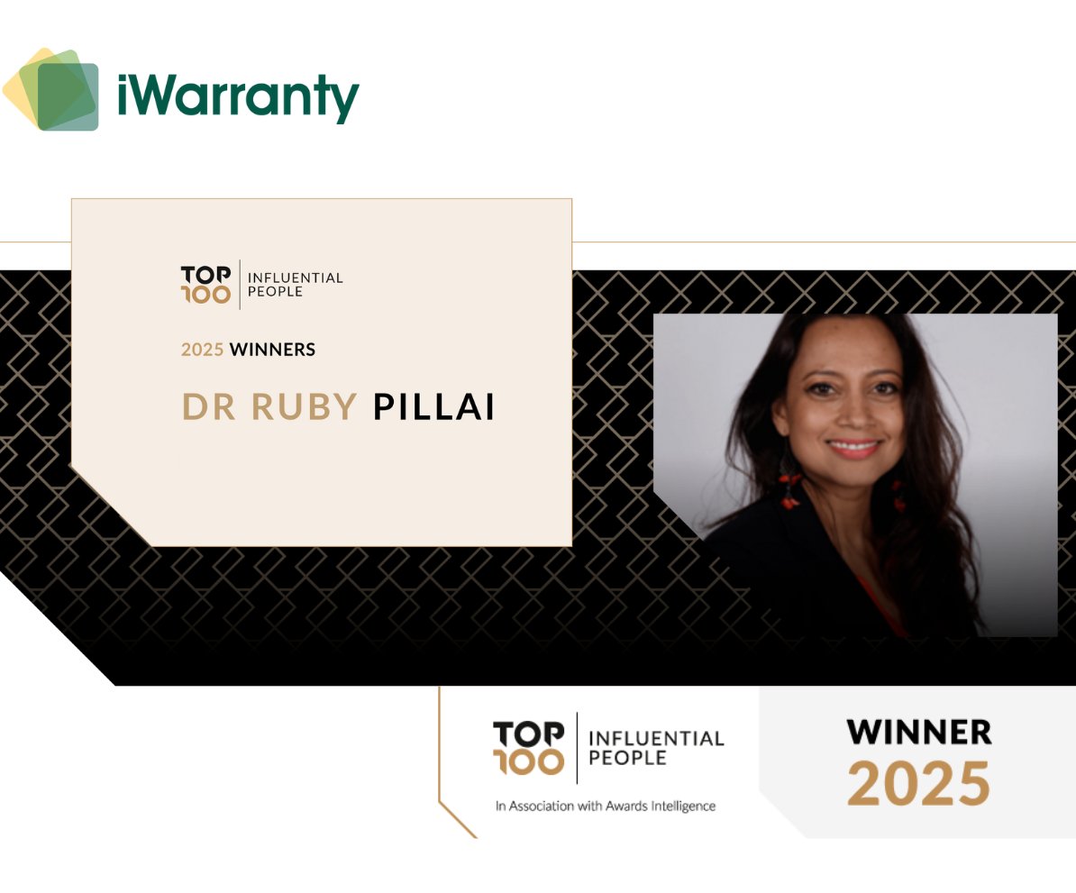 🌟 Big News at iWarranty! 🌟

We are thrilled to share that our phenomenal CEO, Dr. Ruby Pillai, has just been announced as a winner of the Top 100 Influential People Award 2025.
These awards shine a spotlight on the most dynamic, persuasive and powerful leaders.  ✨🏆✨