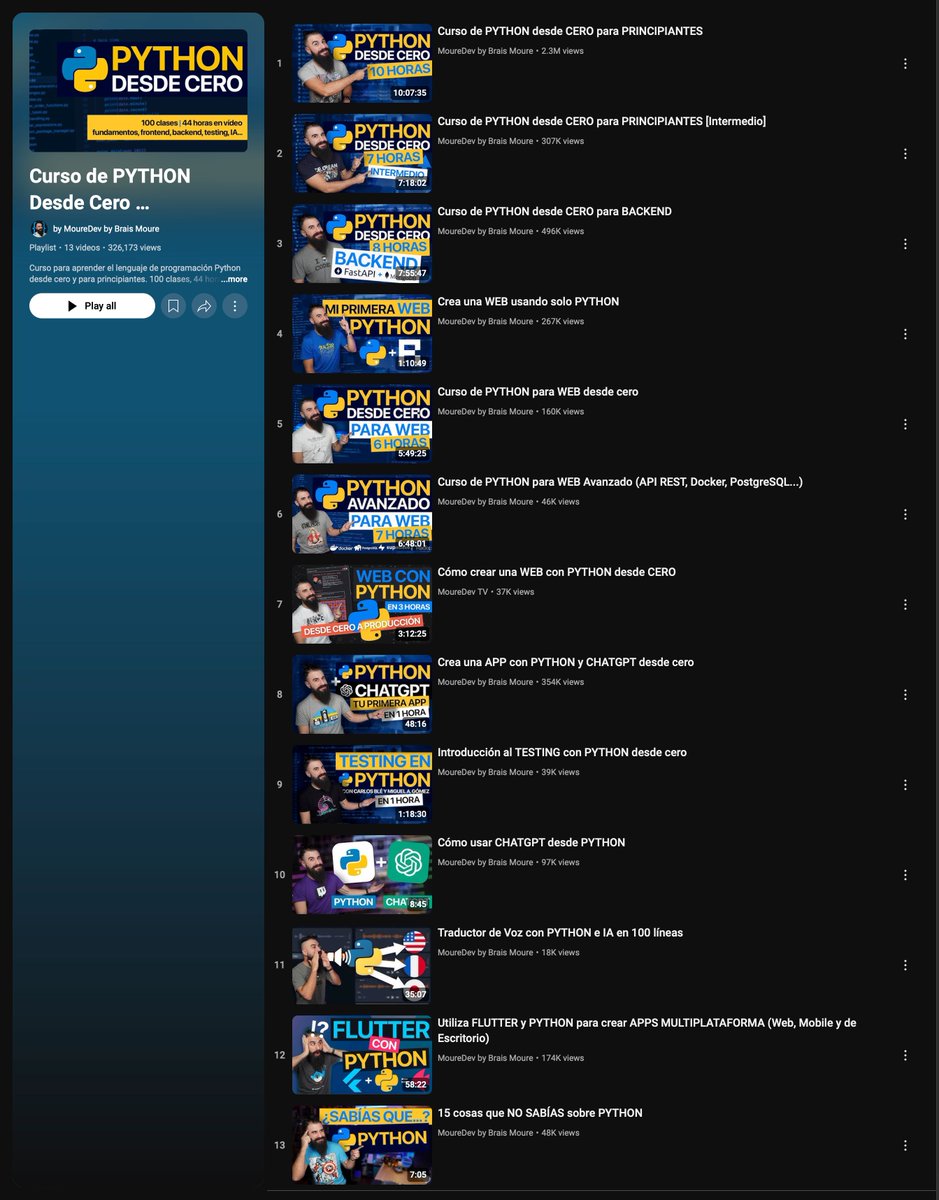 MoureDev's tweet image. Me lo habéis pedido, y aquí está:

▶️ Lista de reproducción con mi Curso Gratis de PYTHON desde cero y para principiantes.

✓ Fundamentos [10h]
✓ Intermedio [7h]
✓ Frontend [17h]
✓ Backend [8h]
✓ IA [2h]
✓ Testing [1h]
✓ Extras [1h]

Aquí lo tienes ↓