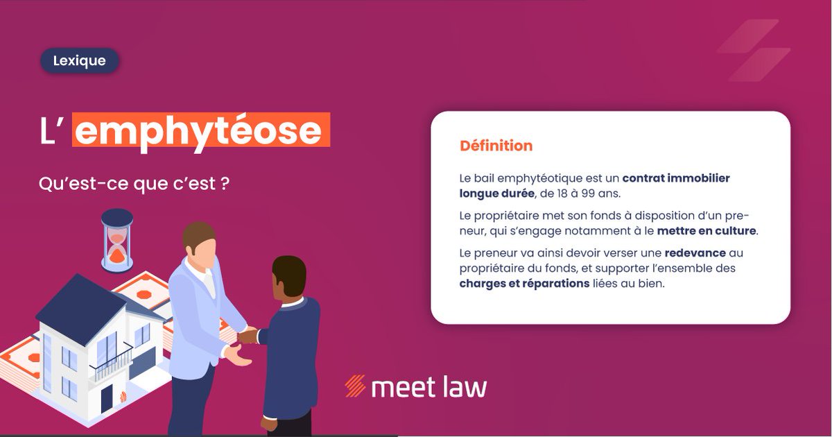 Meetlaw_fr's tweet photo. [LEXIQUE]

L'emphytéose, qu'est-ce que c'est ? 💬

#droit #juridique #immobilier https://t.co/Fzdp7dMxJ7