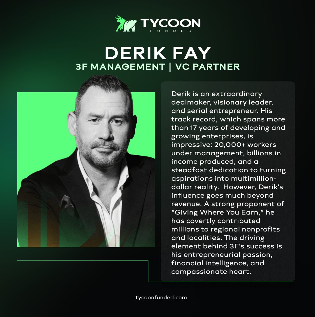 Meet our VC partner, Derik Fay from 3F Management! 🐂

Derik is a visionary leader and serial entrepreneur with 17+ years of experience. He's managed 20,000+ workers, generated billions in revenue, and transforms goals into multimillion-dollar realities.

Beyond profits, Derik
