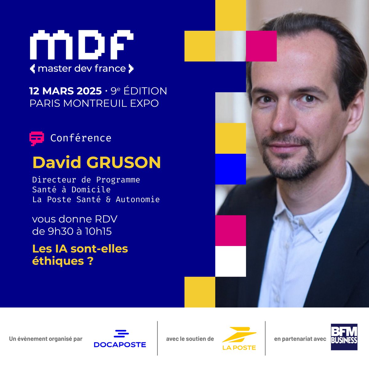 #MDF2025 | RDV au #MasterDevFrance avec <a href="/GrusonDavid/">David Gruson</a>, Dir. Programme Santé à Domicile La Poste Santé &amp; Autonomie, pour la conférence « Les IA sont-elles éthiques ? ».

📅 Mercredi 14 mars 2025 de 9h30 à 10h15
ℹ️ Infos : l.doca.info/I0fR50UGiSz

#MasterDevFrance #IA #Ethique