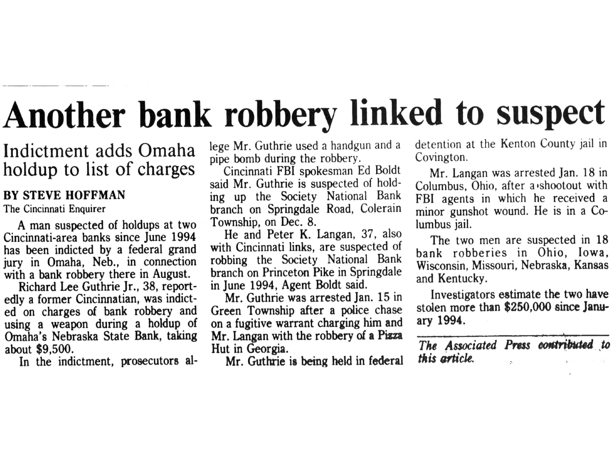 1/15/1996: After a two-hour chase by the FBI, Richard Lee Guthrie Jr., co-founder of the Aryan Republican Army, is arrested in Cincinnati. His gang was dubbed "The Midwest Bank Bandits," as they had robbed 22 banks in the region, and may have been involved in the OKC bombing.
