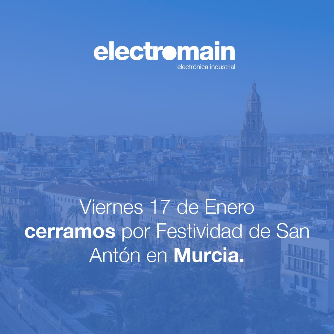 Electromain1's tweet photo. Con motivo de la festividad de San Antonio Abad (San Antón), nuestra delegación de #Murciapermanecerá cerrada el viernes 17 de enero.
Nuestras delegaciones de Almería, Granada y Albacete seguirán operando con total normalidad. Volveremos a estar disponibles el lunes 20 de enero. https://t.co/kOmX9nohRw