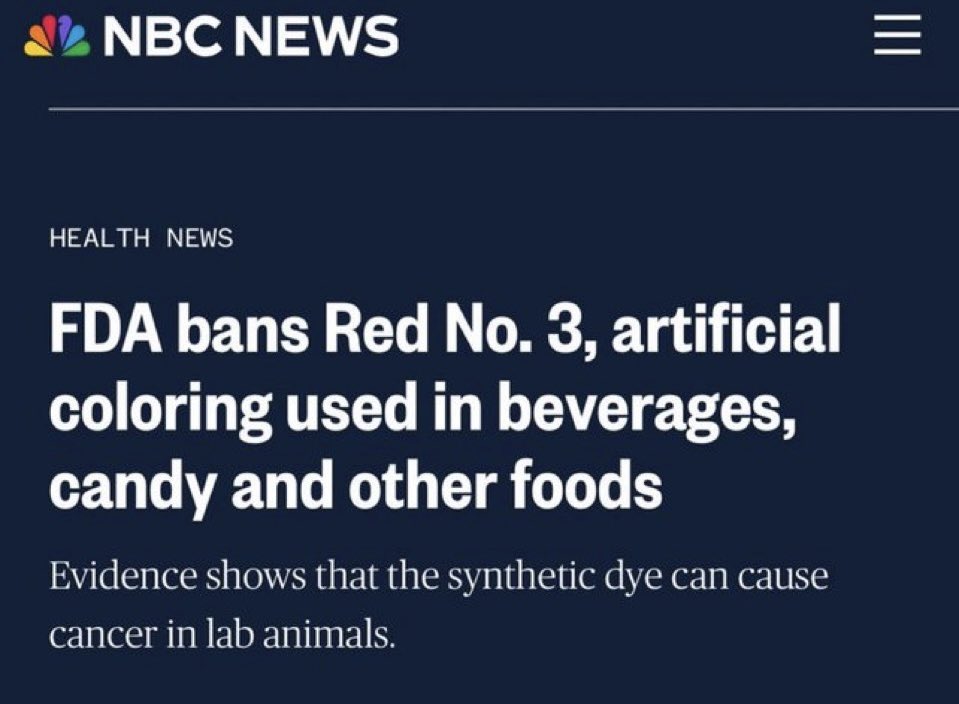 bennyjohnson's tweet image. 🚨BREAKING: FDA bans Red 3 food dye over cancer risks.