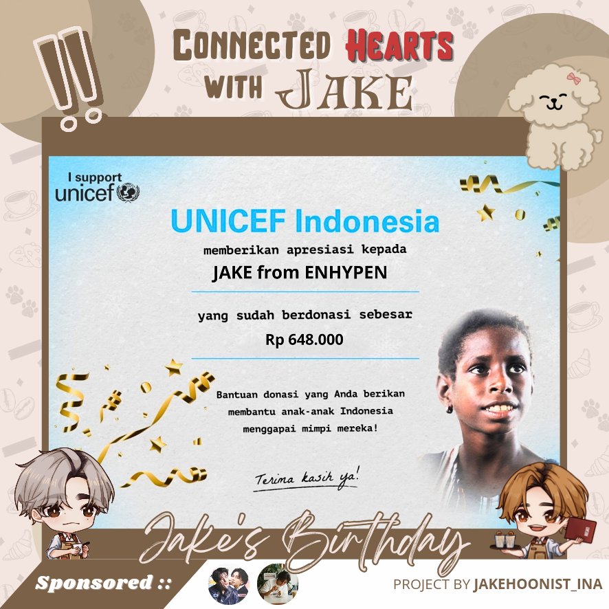Halo teman-teman semua👋

Karena adanya dana berlebih, kami memutuskan menggunakan dana tersebut untuk berdonasi melalui UNICEF Indonesia atas nama #JAKE #ENHYPEN dengan harapan dapat membantu anak-anak Indonesia menggapai mimpi mereka 🌟

Sponsored by: <a href="/JakeHyune/">Moli🐱 | Fan Account</a> <a href="/drLJN23/">bung 🐳</a> ❤️