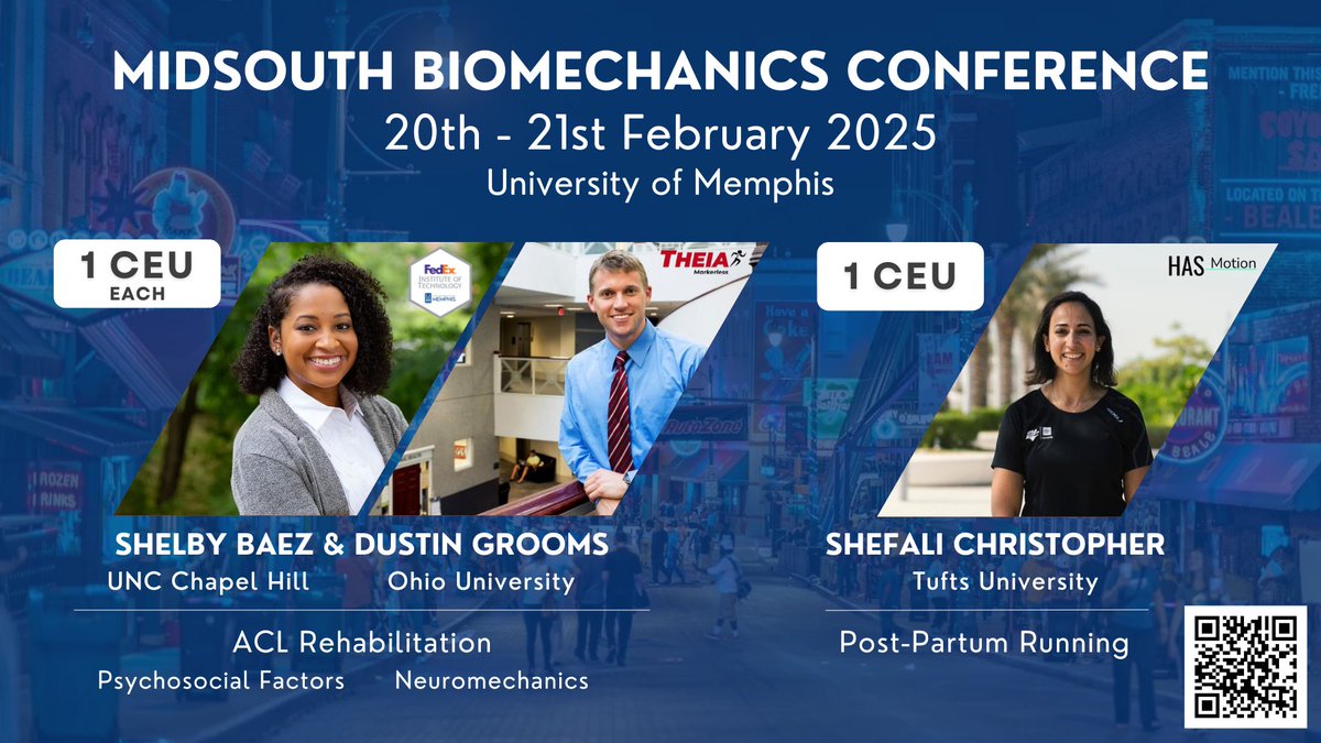 Don't miss these two clinical sessions at the 2025 <a href="/msbiomech/">Midsouth Biomechanics Conference</a> February 20th and 21st at the <a href="/uofmemphis/">University of Memphis</a>!

<a href="/shelbybaezatc/">Shelby Baez</a> and <a href="/Dusty_Grooms/">Dustin Grooms</a> are teaming up for an ACL session on the 20th and <a href="/ironmomPT/">Shefali Christopher</a> will present research on pregnancy/post-partum running on the 21st.