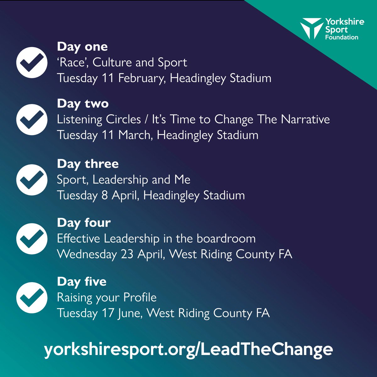 Yorkshire Sport Fndn (@yorkshiresport) on Twitter photo Lead the Change is an initiative to support more ethnically diverse people into leadership roles in sport and physical activity.
It involves a free five-day leadership programme delivered by partners Equity Coach, <a href="/akd_solutions/">AKD Solutions</a> and <a href="/SportingEquals/">Sporting Equals</a>
👉yorkshiresport.org/LeadTheChange Lead the Change is an initiative to support more ethnically diverse people into leadership roles in sport and physical activity.
It involves a free five-day leadership programme delivered by partners Equity Coach, <a href="/akd_solutions/">AKD Solutions</a> and <a href="/SportingEquals/">Sporting Equals</a>
👉yorkshiresport.org/LeadTheChange