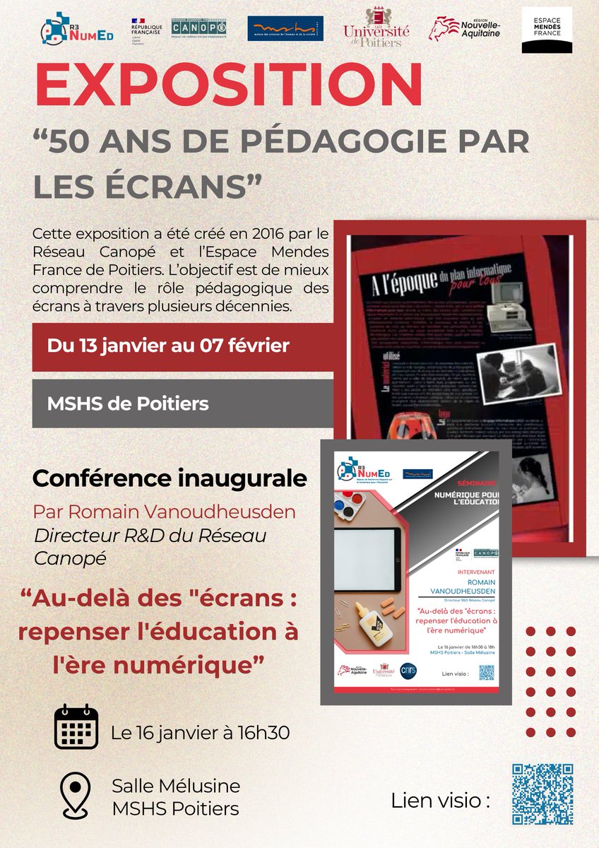 🗓️On se retrouve demain à 16h30 pour la conférence de <a href="/rvanoudheusden/">Romain Vanoudheusden</a>  et la visite de l'exposition "50 ans de pédagogie par les petits écrans"
Plus d'information : r3numed.labo.univ-poitiers.fr/evenement-semi…

#numerique #education