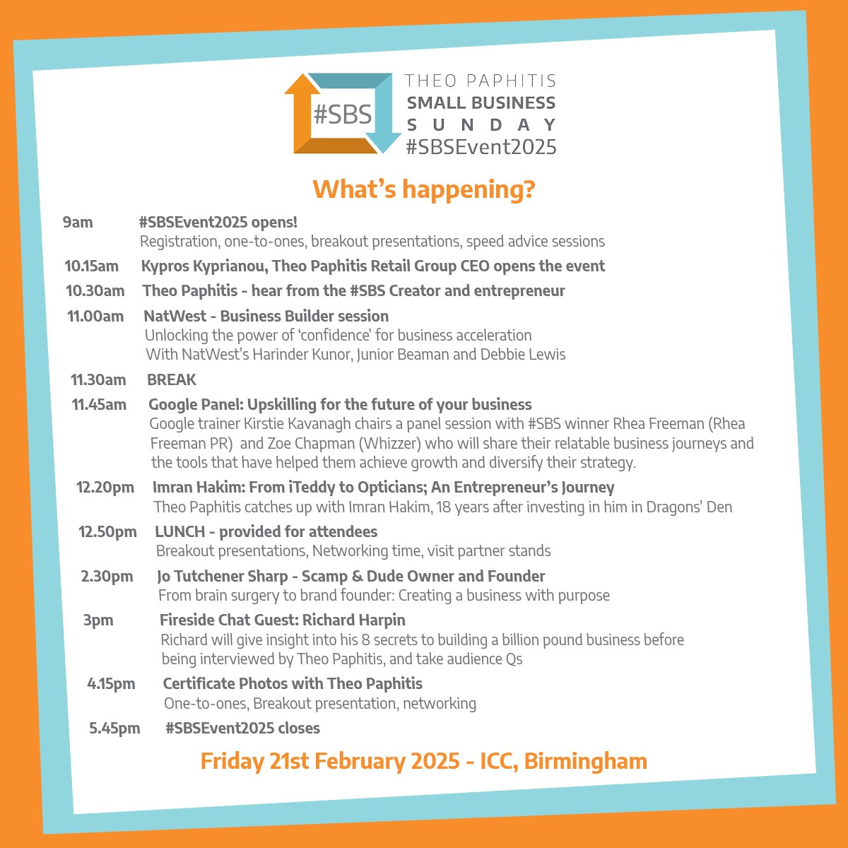 TheSBS_Crew's tweet photo. 📢 We are so pleased to share the mainstage running order for #SBSEvent202 with you all!

💡 #SBSEvent2025 is the twelfth annual event since it was launched in 2010, and although we say it every year (because it's true!), this is our biggest and best line-up yet!

✅ We can't wait to see the #SBS community on Friday 21st February 2025 at #SBSEvent2025.

📩 sbs@tpretailgroup.com
