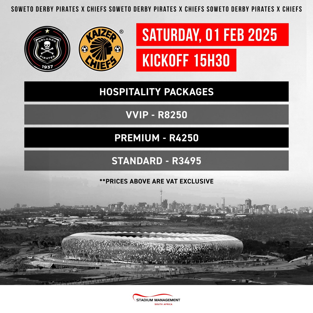 StadiumManagementSA (@officialsmsa) on Twitter photo Get your tickets to <a href="/orlandopirates/">Orlando Pirates</a> home Derby from <a href="/TicketProSA/">Ticketpro</a> (stand & suite US38) and SAIL (VVIP, Premium & Standard) using the following details: ticketpros.co.za/portal/web/ind…,
+27828053150 & bookings@sail.co.za respectively.
#SMSA #FNBStadium #SowetoDerby Get your tickets to <a href="/orlandopirates/">Orlando Pirates</a> home Derby from <a href="/TicketProSA/">Ticketpro</a> (stand & suite US38) and SAIL (VVIP, Premium & Standard) using the following details: ticketpros.co.za/portal/web/ind…,
+27828053150 & bookings@sail.co.za respectively.
#SMSA #FNBStadium #SowetoDerby