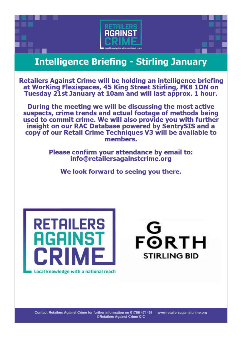 GoForthStirling (@goforthstirling) on Twitter photo #Stirling retailers, join us at Intelligence Briefing next week to learn about the latest crime trends, techniques & how to prevent them.
📅Tuesday 21 January
⏲️ 10-11am
📍 WorKing Flexispaces
🖋️ register by emailing info@retailersagainstcrime.org #Stirling retailers, join us at Intelligence Briefing next week to learn about the latest crime trends, techniques & how to prevent them.
📅Tuesday 21 January
⏲️ 10-11am
📍 WorKing Flexispaces
🖋️ register by emailing info@retailersagainstcrime.org
