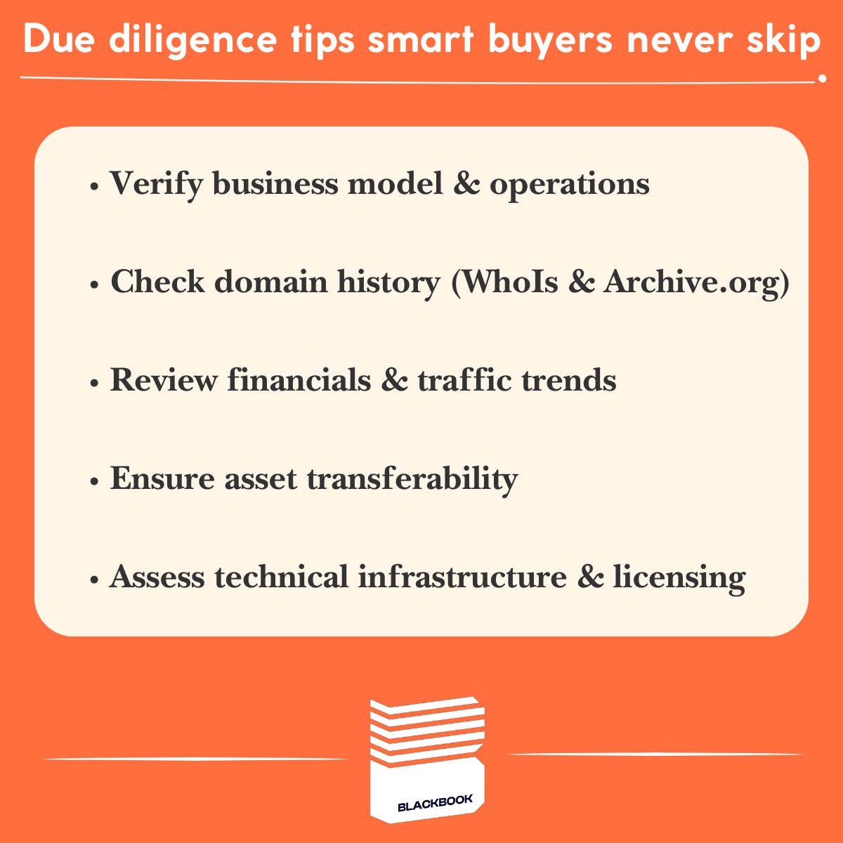 blackbook_group's tweet photo. A thorough due diligence process is your best protection against fraud.

Always get live revenue verification and consider professional due diligence services for significant investments.

📌Looking to buy, scale, or sell websites?

DM us https://t.co/k9CnXuBMOp