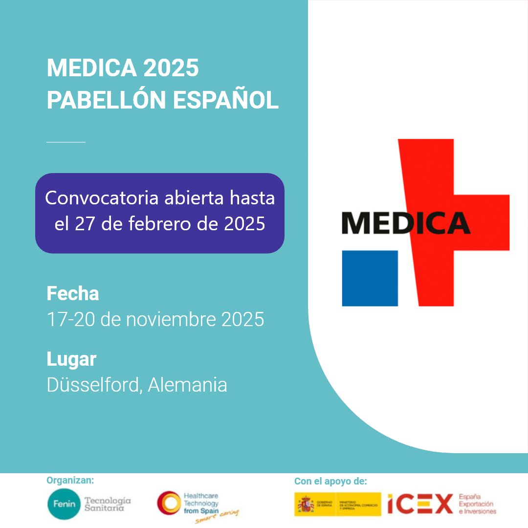 📢 Abierta la convocatoria para participar en nuestro Pabellón en <a href="/MEDICATradeFair/">MEDICA</a> 2025, que tendrá lugar en Düsseldorf del 17 al 20 de noviembre. 

Las empresas interesadas pueden contactar con nuestro Departamento Internacional. La fecha límite es el 27/02/2025.

#MEDICA2025