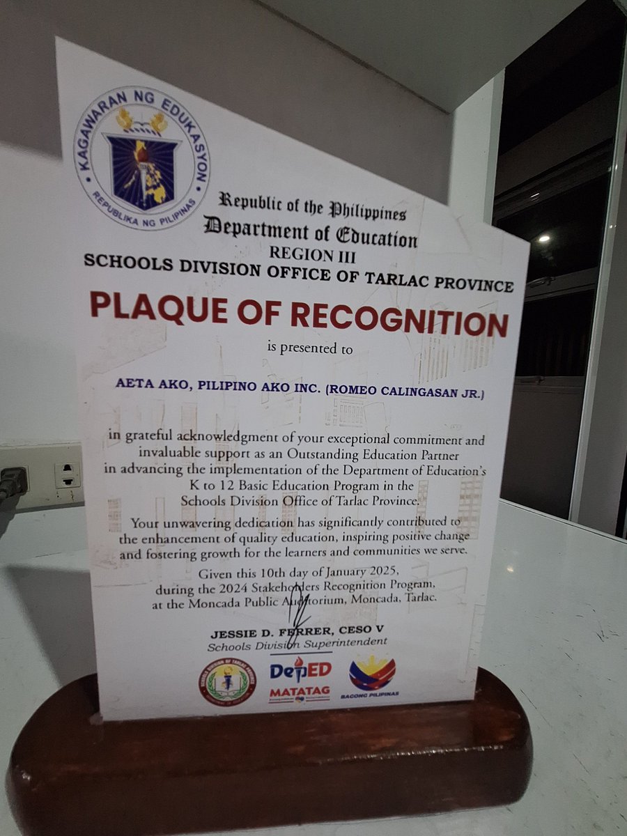 Through our relentless efforts to improve the quality of education in Aeta schools in Capas, we have been honored with a Certificate of Recognition from the Department of Education (DepEd) Schools Division Office of Tarlac Province. This was awarded during the DepEd Tarlac