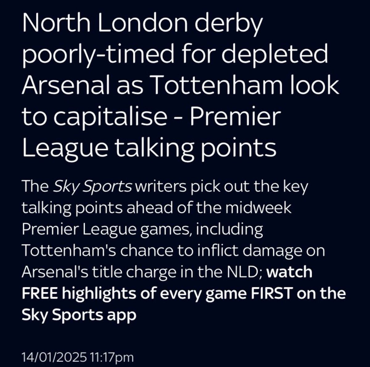 TheSpursExpress's tweet photo. Laughably comical and misleading headline from Sky Sports, ahead of the North London Derby tonight. 🤣 https://t.co/G9wgtIqCRp
