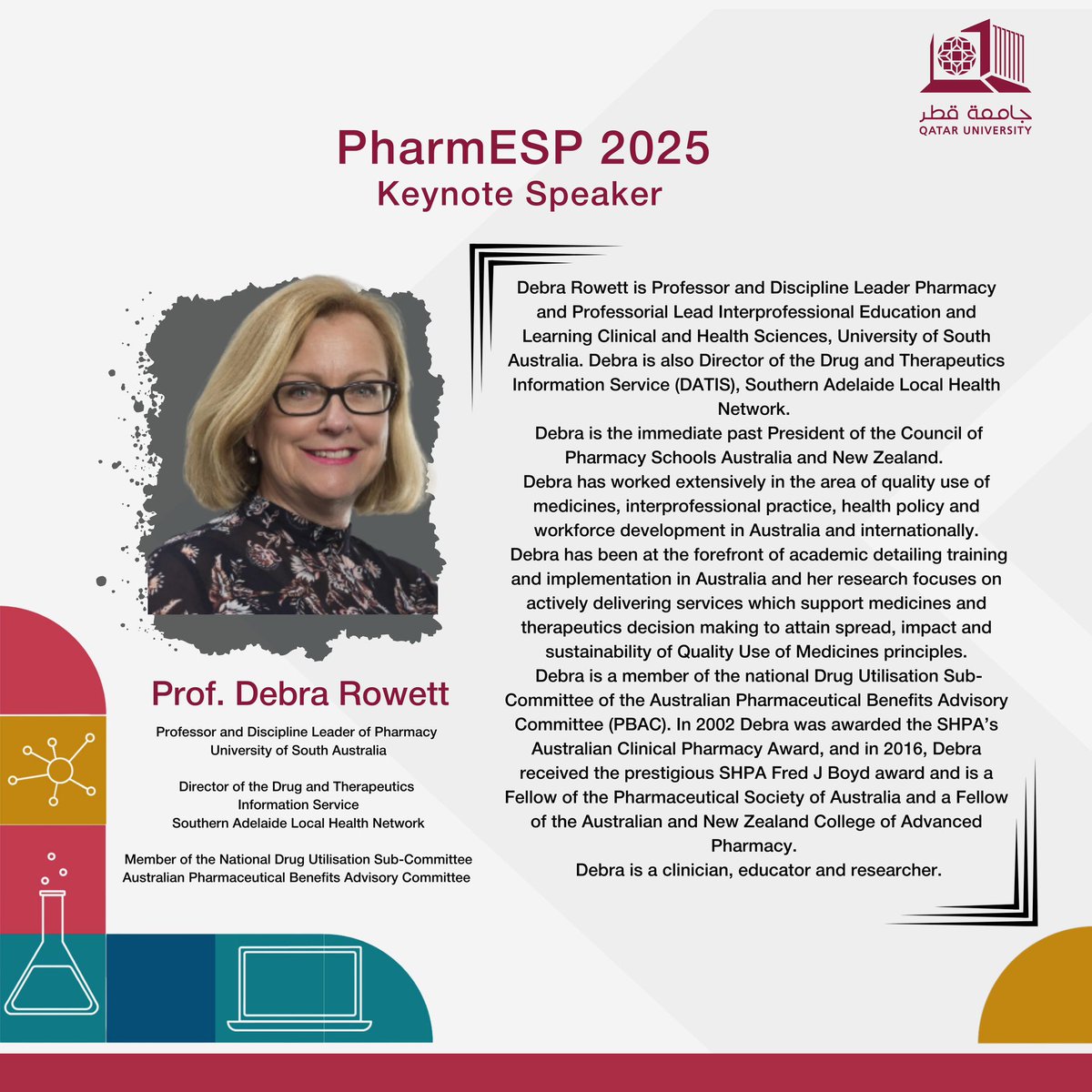 Excited to announce Prof. Debra Rowett as a keynote speaker at #PharmESP2025! 
A leader in pharmacy education, policy, and quality use of medicines, she brings decades of impactful work in interprofessional practice and workforce development.

#GlobalHealth #pharmacypractice