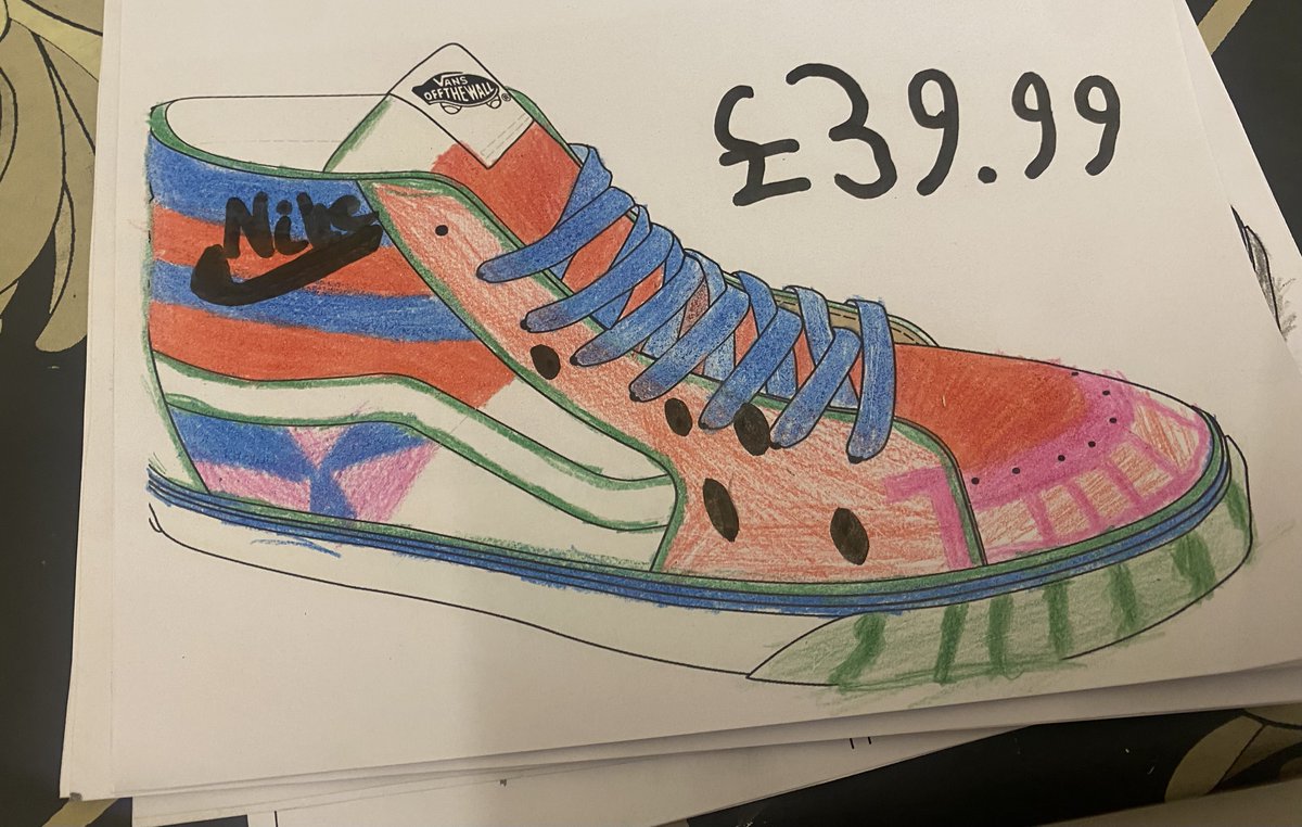 Year 8 art students unleashing their inner designers! 👟✨ They've been creating excellent trainer concepts &amp; building their own trainer brands.