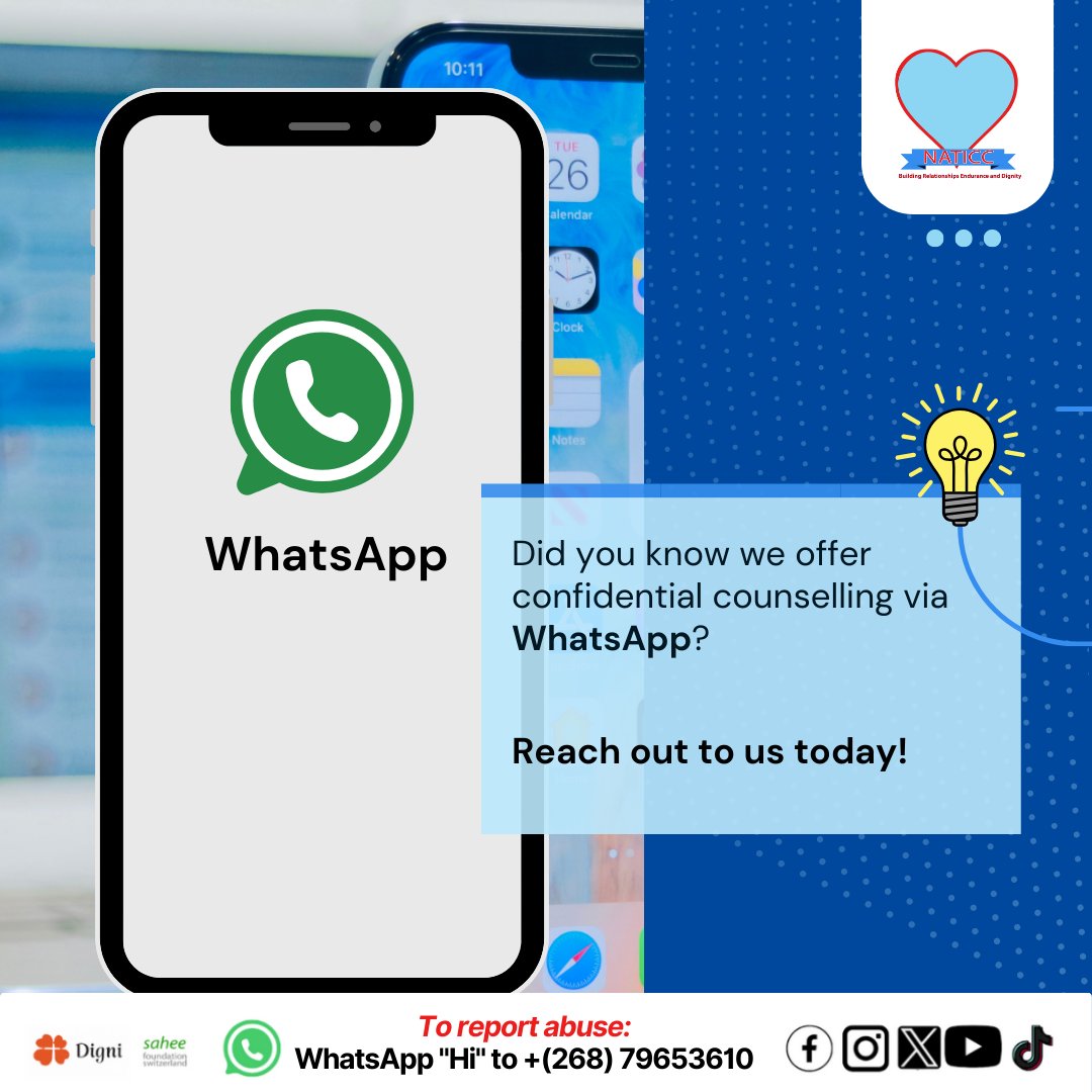 NATICCEswatini's tweet photo. Did you know we offer 𝐜𝐨𝐧𝐟𝐢𝐝𝐞𝐧𝐭𝐢𝐚𝐥 𝐜𝐨𝐮𝐧𝐬𝐞𝐥𝐥𝐢𝐧𝐠 via WhatsApp?
Reach out to us today! You’re not alone.
#WeAreHereForYou #SpeakUpBreakTheCycle https://t.co/0n0yQdr6Up