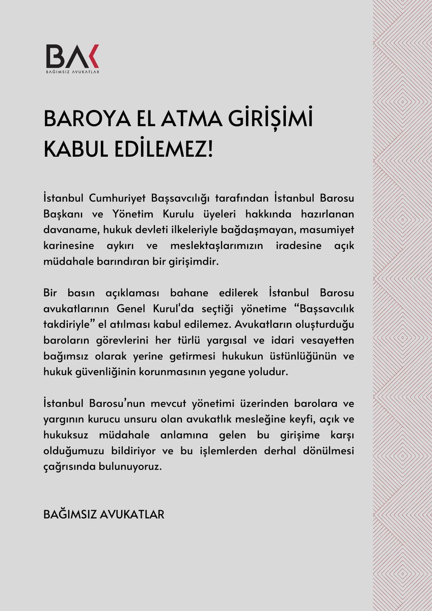 BAROYA EL ATMA GİRİŞİMİ KABUL EDİLEMEZ!

İstanbul Cumhuriyet Başsavcılığı tarafından İstanbul Barosu Başkanı ve Yönetim Kurulu üyeleri hakkında hazırlanan davaname, hukuk devleti ilkeleriyle bağdaşmayan, masumiyet karinesine aykırı ve meslektaşlarımızın iradesine açık müdahale