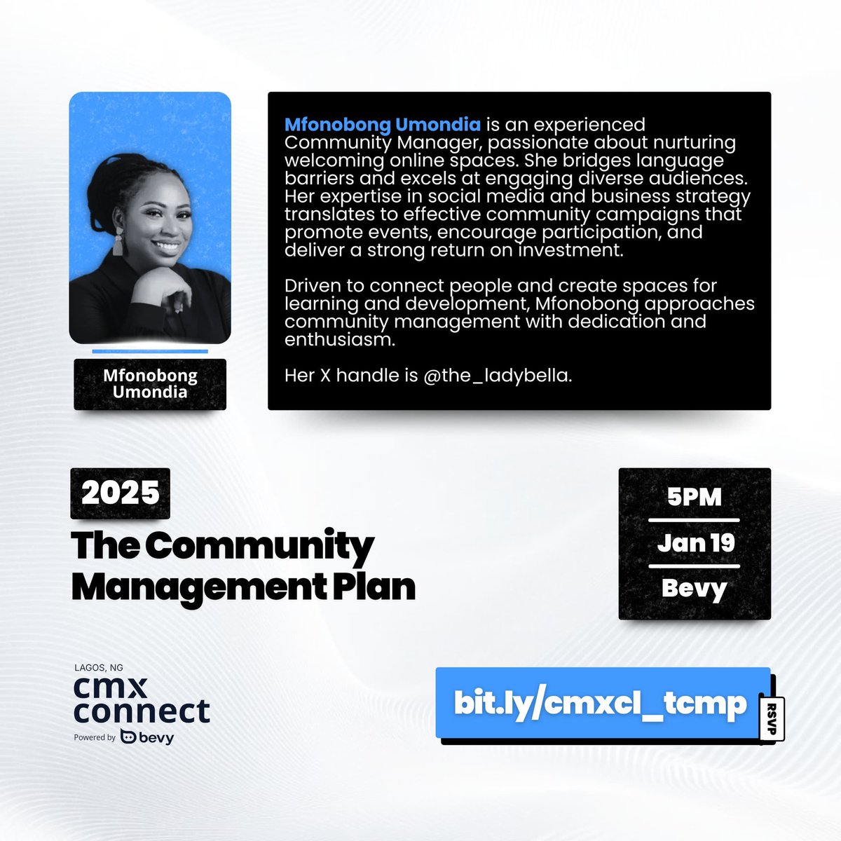 cmx_lagos's tweet photo. Meet Mfonobong Umondia, one of our fireside chat speakers 🔥* 

A seasoned Community Professional, well versed in the art of bridging the gap between company and people.

Come listen to her speak on strategies for community management this year. https://t.co/tNNF1jewan