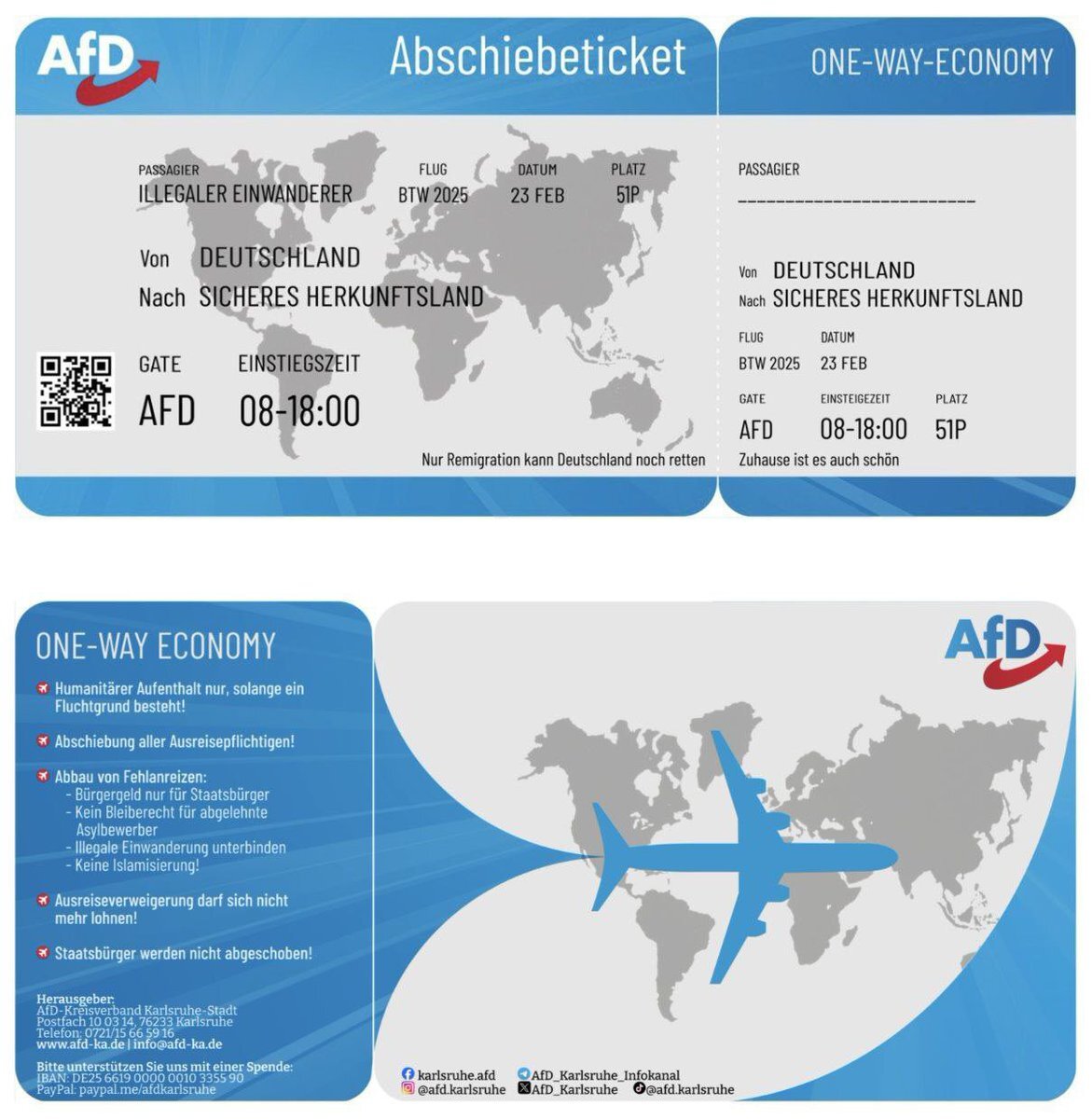 MarioNawfal's tweet photo. 🚨🇩🇪AFD’S “DEPORTATION TICKET” CAMPAIGN: PUTTING GERMANS FIRST

The Alternative for Germany (AfD) party has sparked debate with its bold “deportation ticket” flyers, highlighting the need for its "remigration" strategy to address immigration concerns and protect German culture.

The flyers, reading “Only remigration can save Germany,” underscore AfD’s commitment to ensuring that Germany prioritizes its citizens and maintains the security of its borders. 

Despite criticism from opposition parties, the AfD continues to gain ground, polling at 22% nationally, as voters rally behind its policies.

Source: EuroNews