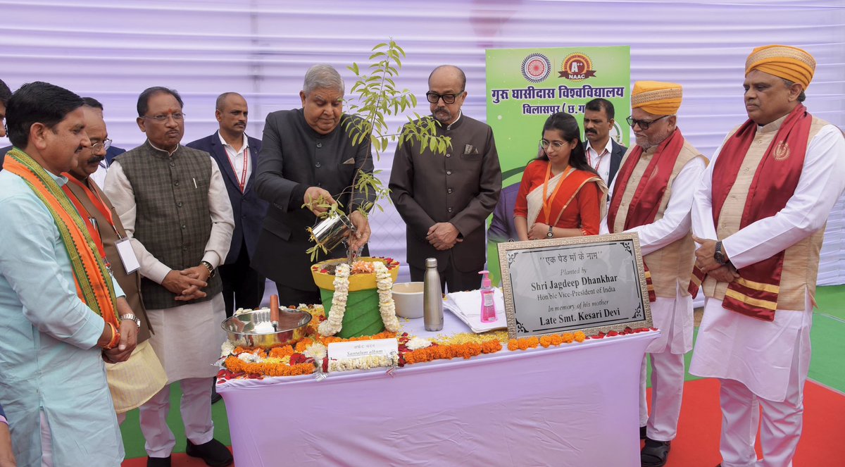 Hon’ble Vice-President, Shri Jagdeep Dhankhar planted saplings in memory of his late mother, Smt. Kesari Devi ji at the premises of Guru Ghasidas Vishwavidyalaya in Bilaspur, Chhattisgarh today. 

#EkPedMaaKeNaam <a href="/ggv_smc/">Guru Ghasidas Vishwavidyalaya, Bilaspur</a> 
<a href="/ramendeka16/">Ramen Deka</a> <a href="/vishnudsai/">Vishnu Deo Sai</a> <a href="/tokhansahu_bjp/">Tokhan Sahu</a> <a href="/chakrawalalok/">Prof. Alok Kumar Chakrawal</a>
