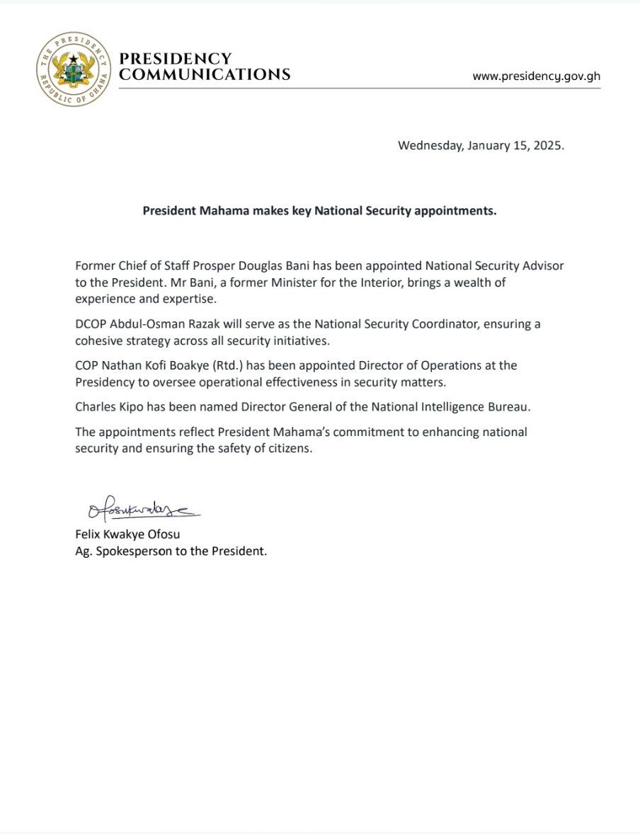 starr1035fm's tweet photo. President Mahama makes key National Security appointments...
#StartNews #EIBNetwork
#StarrFM #NewsAlert https://t.co/SHY58vE3LH