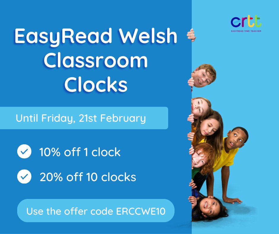 EasyReadTime's tweet image. Save big on our Welsh EasyRead Classroom Clocks with the discount code ERCCWE10, available until 5pm on Friday, 21st February!
easyreadtimeteacher.com/browse/clocks/
#classroomresources #teachingresources #clocksforschools #schoolclock #specialoffer