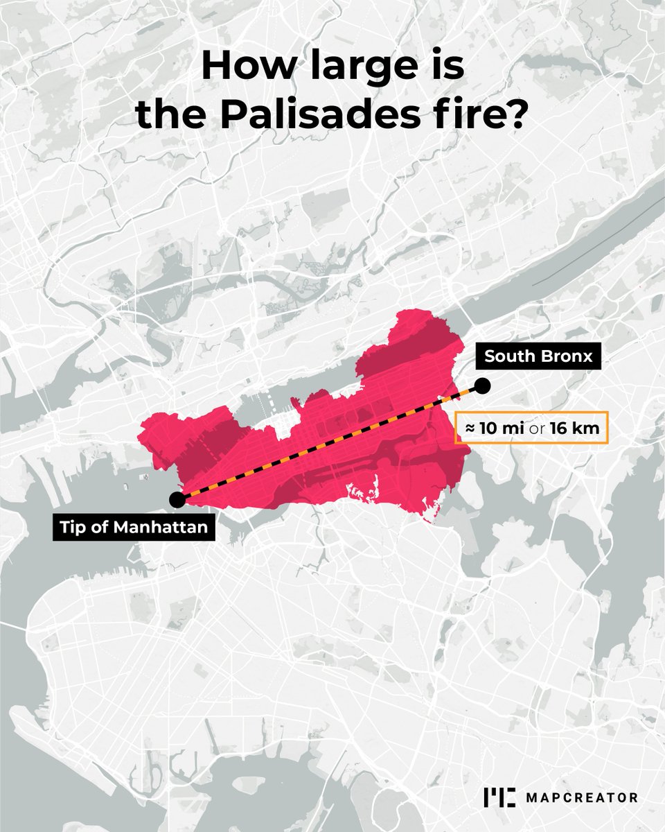 mapcreator_io's tweet photo. This is just one of the Southern California wildfires projected on different maps. The scale of London shows how devastatingly big these fires are. Hopefully things get better in the coming days. 🤞

#LAfires #palisadesfire #wildfire #mapmaking #mapcreation https://t.co/SLop4FSfUu