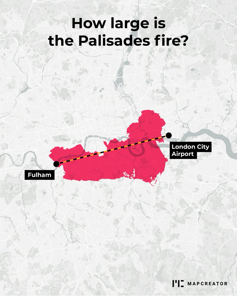 mapcreator_io's tweet photo. This is just one of the Southern California wildfires projected on different maps. The scale of London shows how devastatingly big these fires are. Hopefully things get better in the coming days. 🤞

#LAfires #palisadesfire #wildfire #mapmaking #mapcreation https://t.co/SLop4FSfUu