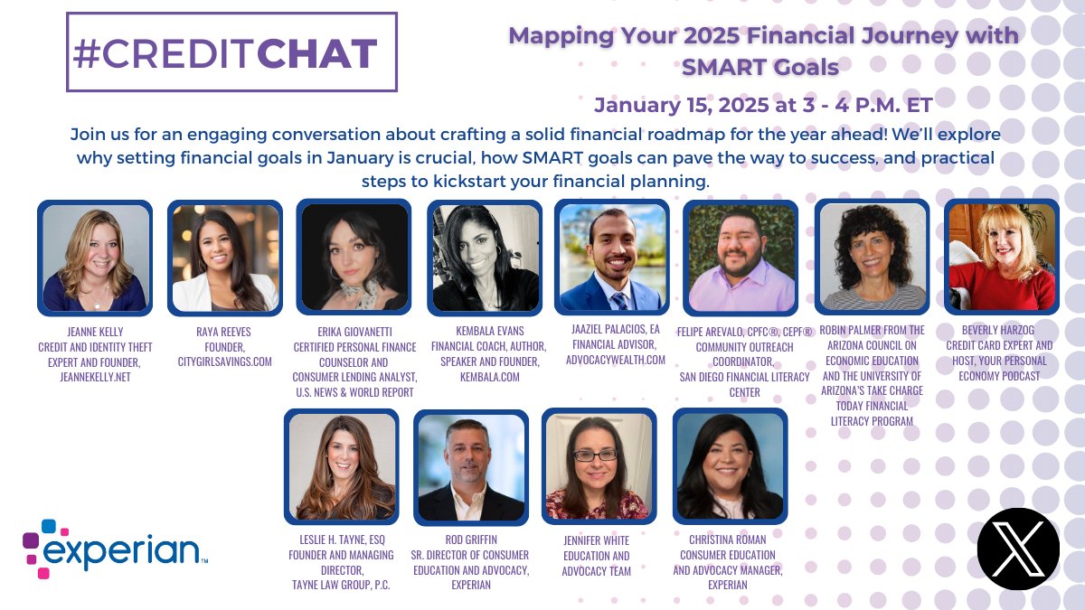 Experian's tweet photo. We hope you can join us for our #CreditChat today at 3 p.m. ET!
Topic: Mapping Your 2025 Financial Journey with SMART Goals
RSVP for your chance to win a $50 Amazon gift card! https://t.co/eQjlKhHi7y https://t.co/wj5B4EqrAC