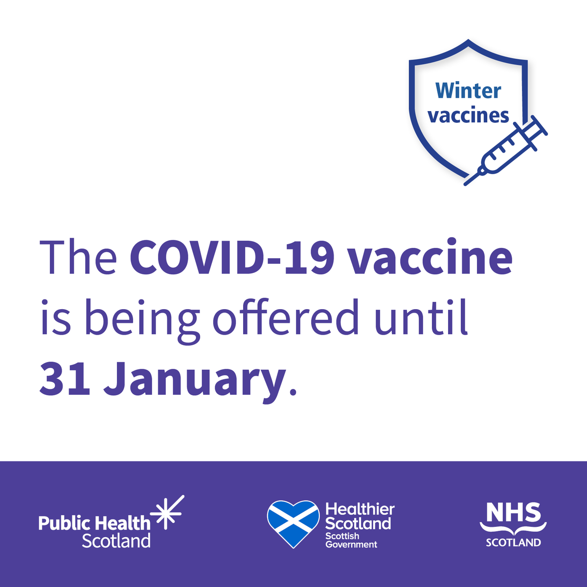 The COVID-19 vaccine offer finishes on 31 January, the flu vaccine is available until the end of March.

Visit nhsinform.scot/wintervaccines to book an appointment or find your nearest drop-in clinic.

#WinterVaccinesScot