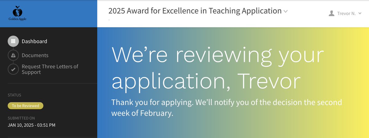 Thank you to Anonymous for nominating me! It is an honor to be in this process and I am deeply grateful for the current and past colleagues and administrators who contributed to this round on my behalf!
