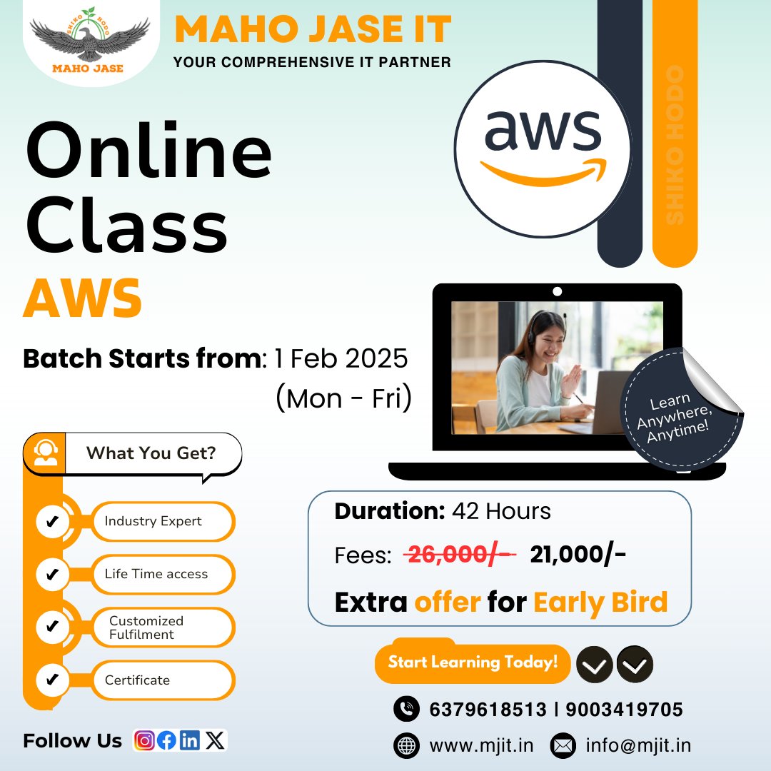mahojase's tweet photo. 💻 Advance Your Career with Maho Jase IT's AWS Online Course!
📅 Starts: Feb 1, 2025 (Monday-Friday)
⏳ Duration: 42 Hours

#LearnOnline #CareerGrowth #MJIT #training #onlinecourse #awstraining #AWS #cloudcomputingtraining #CareerSuccess https://t.co/FRc6z2Zhsy