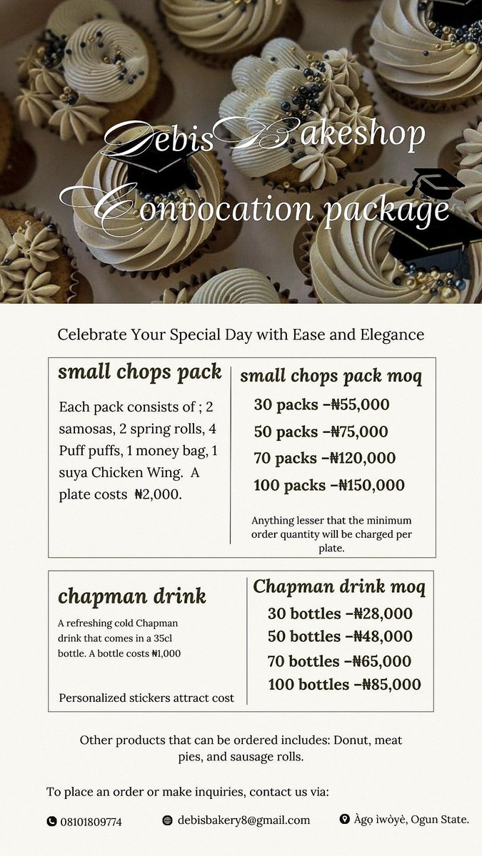 P78095Precious's tweet photo. π Celebrate Your Big Day in Style! π₯
You need to make your celebration unforgettable.
π Book now and let us help you make your convocation the talk of the town.
https://t.co/tXHIFc191g
#ConvocationReady #CelebrateWithEase #DebisBakeshop #HomeOfUniqueCakesAndPastries https://t.co/aKywqsgnEM