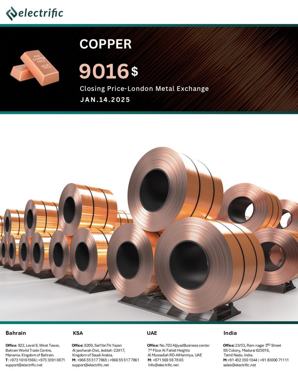 myelectrific's tweet photo. Here's a possible tweet:

"🔔Copper current rate🔔: $9016/ton! Prices fluctuating due to ✅raising demand, ⚙️supply chain issues, and 📊economic factors. Stay informed to optimize procurement! 📩Reach out for insights and support. #electrific #copper #marketupdate #copperprice" https://t.co/rbqkxX3w5I