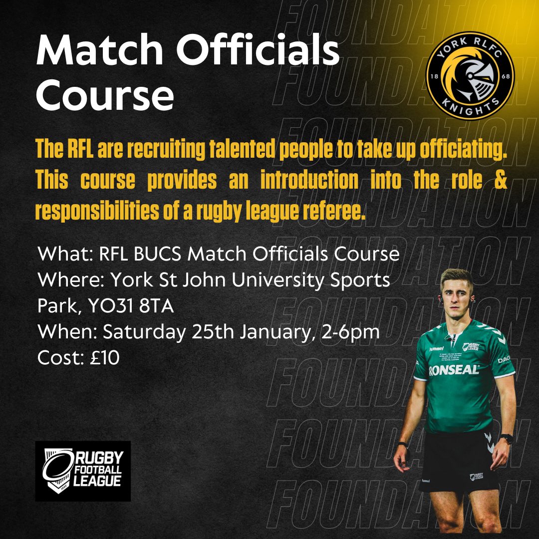 𝐁𝗲𝗰𝗼𝗺𝗲 𝗮 𝗠𝗮𝘁𝗰𝗵 𝗢𝗳𝗳𝗶𝗰𝗶𝗮𝗹 🏉

Take the <a href="/TheRFL/">Rugby Football League</a>'s official course, &amp; discover what it takes to officiate our game!👇

🗓️ Saturday 25th January, 2-6pm.
💰 £10 per person
📍<a href="/YorkStJohn/">York St John University</a> 
👥 14 years +
🔗 yorkrlfc.com/coacheducation

#WeAreYork | #RiseUp