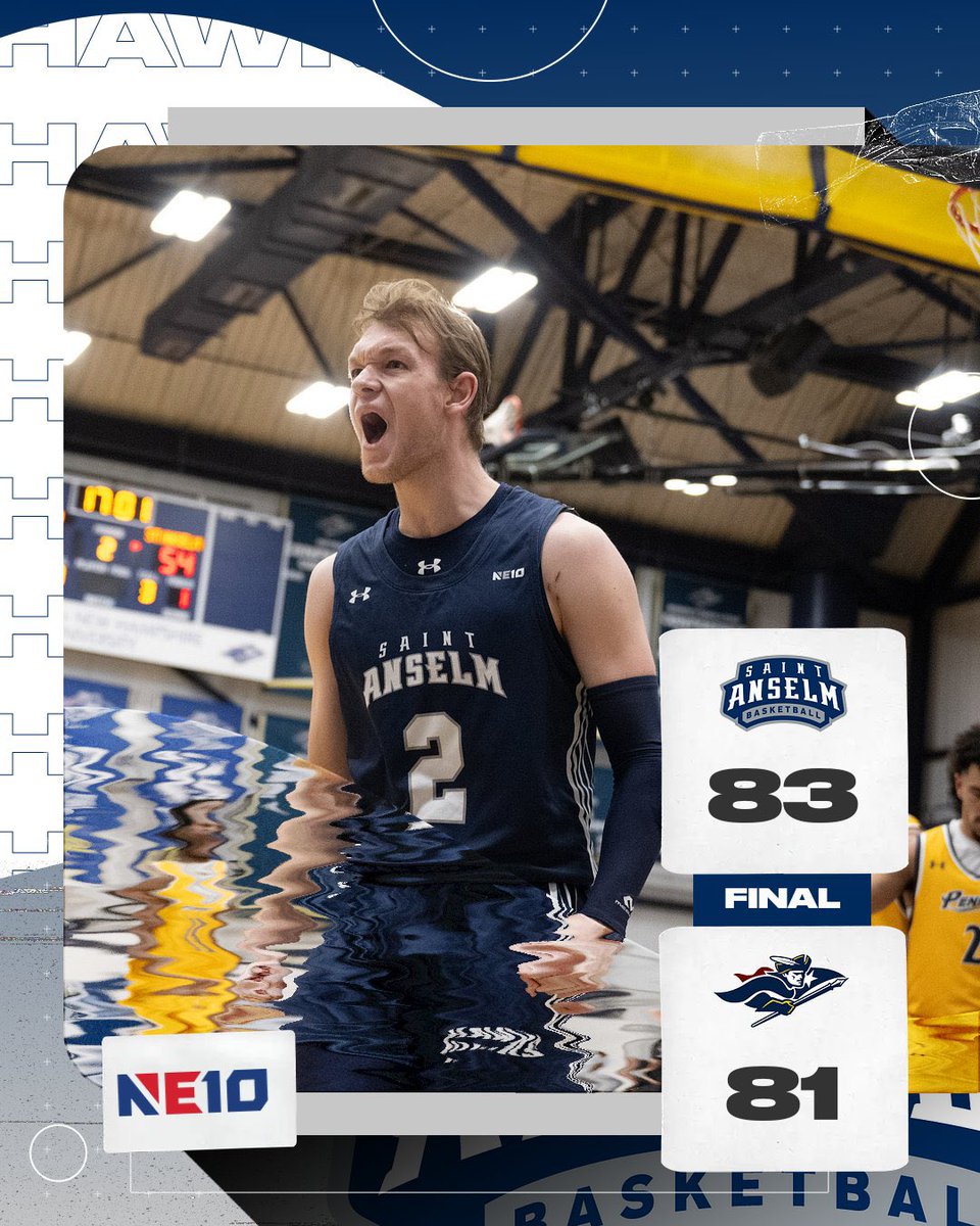 Back on track 😏

Josh Morissette scored a team-high 19 points and made five threes as the Hawks held on for an NE10 road win at SNHU on Tuesday!

RECAP/BOX SCORE: saintanselmhawks.com/news/2025/1/14…

#HawksSoarHigher