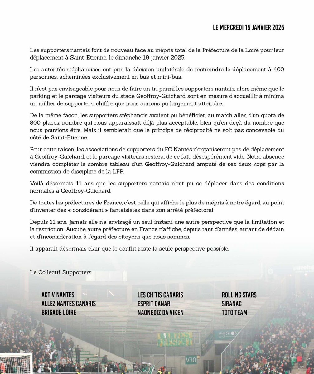 Communiqué des associations de supporters nantais <a href="/SuppsFcn/">Collectif Supporters Nantais</a> en date du 15/01/2025 :