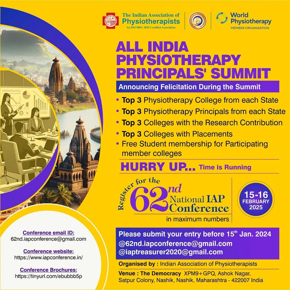 india_iap's tweet image. ALL INDIA #PRINCIPALS&apos; SUMMIT
In 62nd National #IAPCONFERENCE
Felicitation of
Top 3 #Physiotherapy_Colleges of each  State! 
Top 3 #Principals 
Top 3 colleges for Research Contribution 
Top 3 colleges for Placements opportunities !
Free IAP student membership for Member colleges.