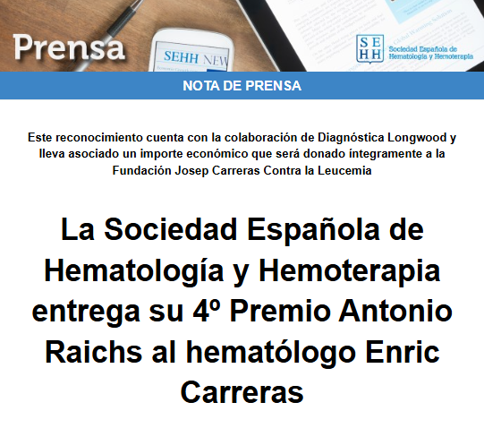 sehh_es's tweet photo. 🏆 La #SEHH entrega su 4º Premio Antonio Raichs al hematólogo Enric Carreras.

👨‍⚕️El doctor Carreras ha dirigido el Registro de Donantes de Médula Ósea, ha sido presidente del Grupo Español de Trasplante Hematopoyético, @GETH_info , y miembro de la junta directiva de la SEHH.

El reconocimiento, que cuenta con la colaboración de Diagnóstica Longwood, lleva asociado un importe económico que será donado íntegramente a @fcarreras 

➕información: #NotaDePrensaSEHH  https://t.co/3AhWhYrEK7
#HematoEnRed #SEHHematología