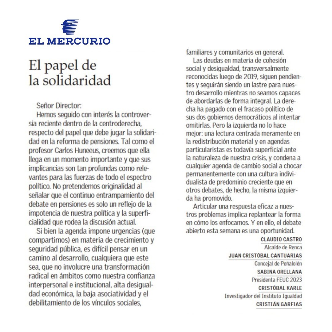 Solidaridad en la reforma de #MejoresPensionesParaChile 🇨🇱, pero también como una prioridad del sistema político -y especialmente de una socialdemocracia moderna- para construir una sociedad más cohesionada, condición fundamental para nuestra vida democrática.